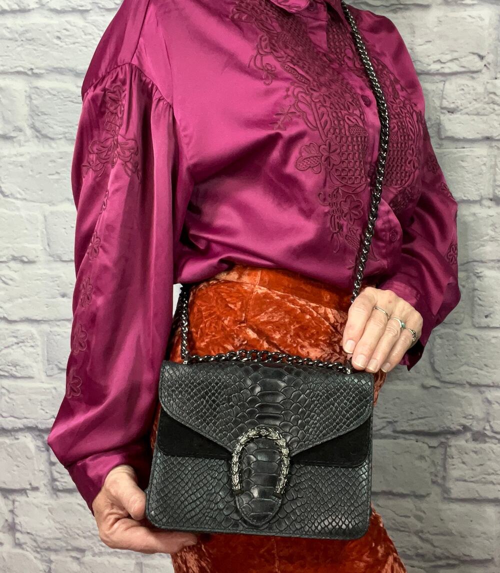 Linea Pelle Leather and Suede Snake Embossed Print Chain Shoulder/Crossover Bag